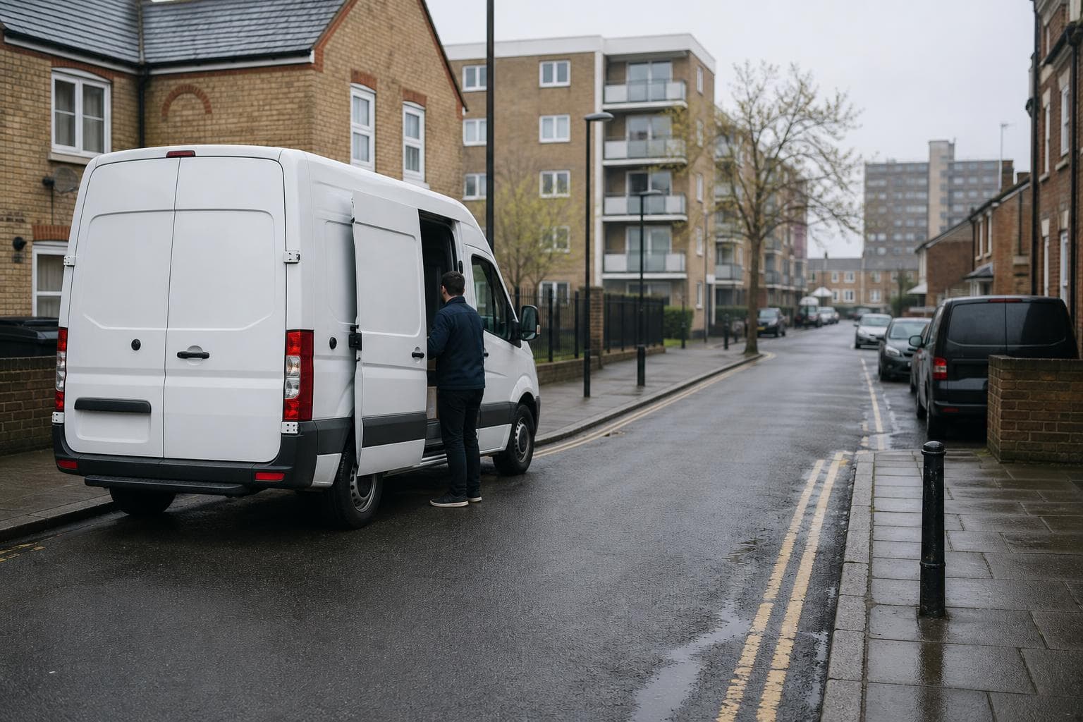 Courier waiting beside a plain van on a quiet Barking street
