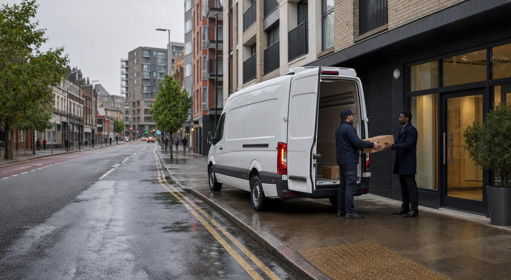 Courier making a parcel handover beside a van on a Barking street with flats and shops