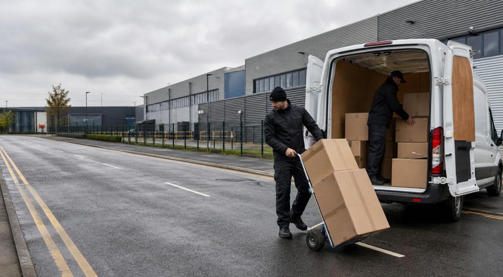 Couriers loading parcels into a plain van on a warehouse estate in Beckton