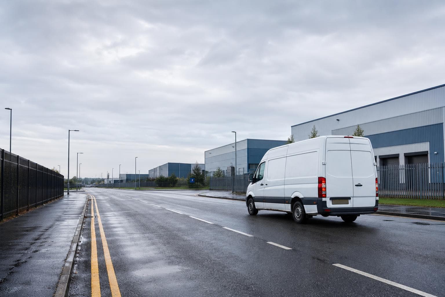 Plain courier van on a wide industrial road in Beckton