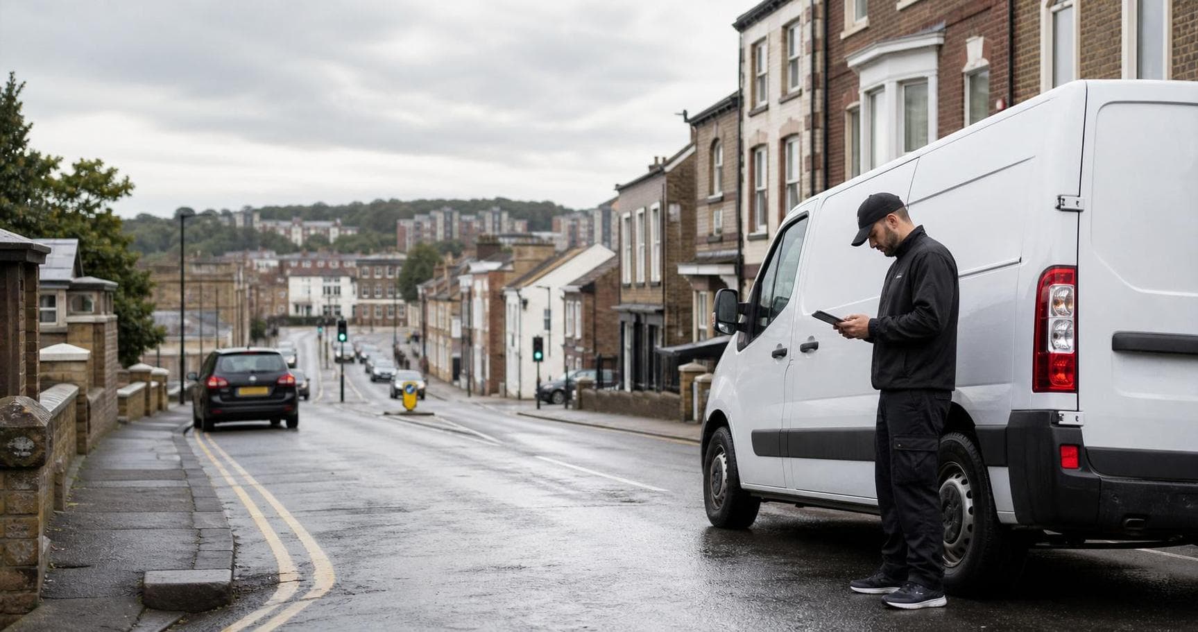 Courier handling a prepared consignment in Becontree, with broad residential estates with schools and local services forming the local backdrop