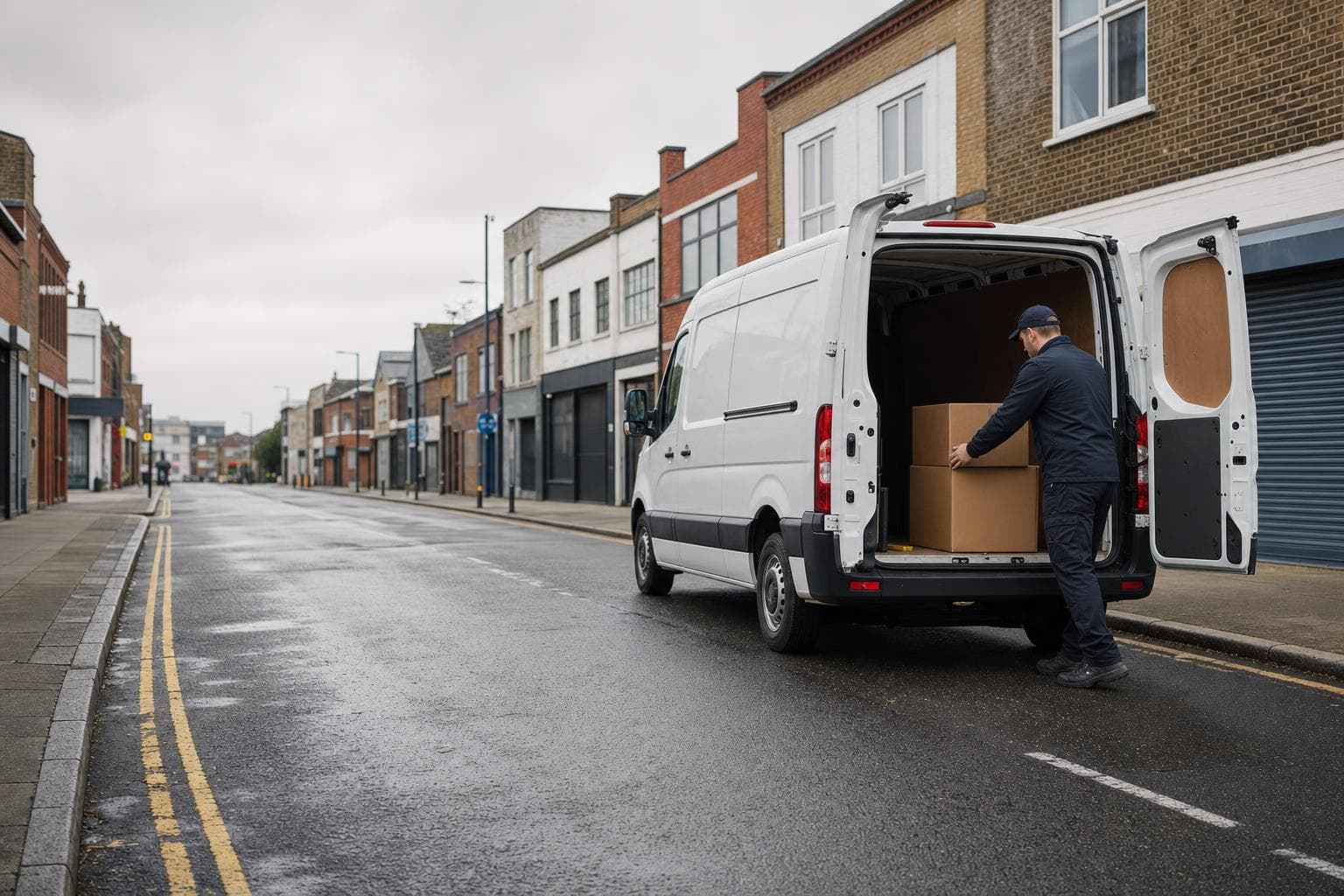 Courier handling a prepared consignment in Chadwell Heath, with busy shopping roads, repair businesses and residential streets forming the local backdrop