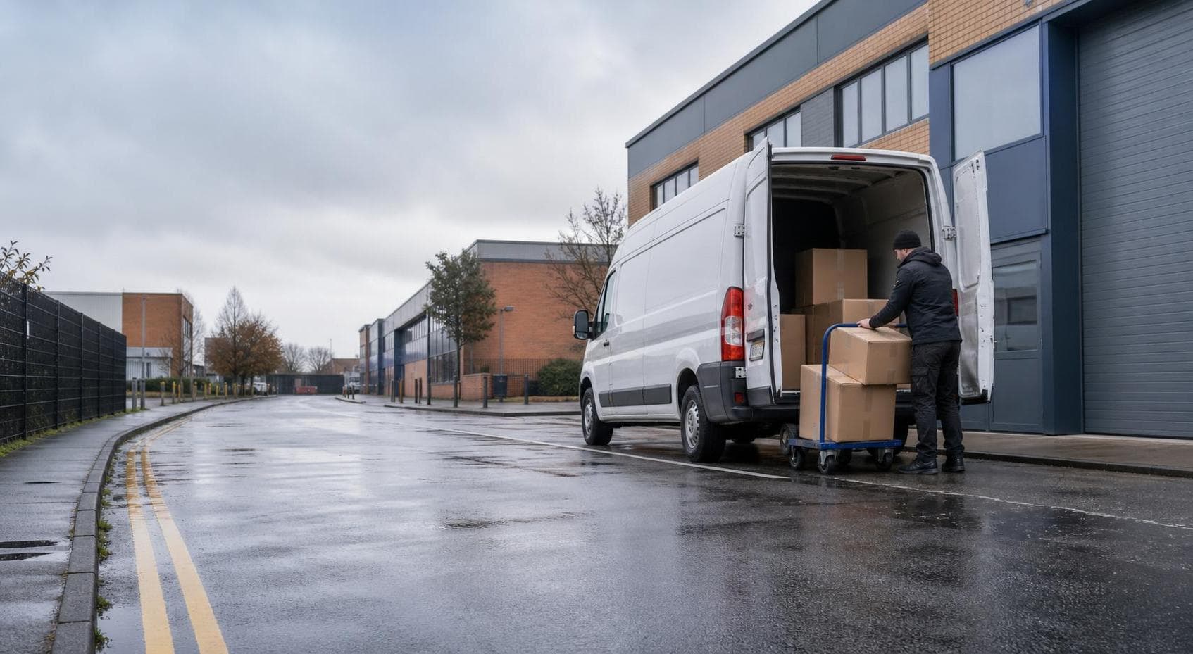 Courier loading boxes into a plain van outside a business unit in Dagenham