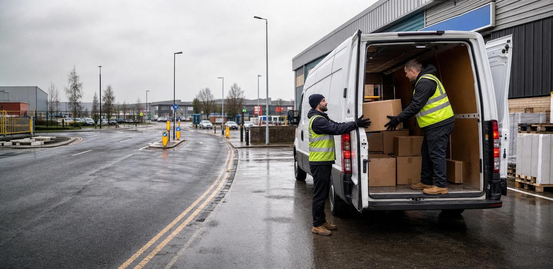 Courier handling a prepared consignment in Elm Park, with compact retail parades, schools and surrounding residential roads forming the local backdrop