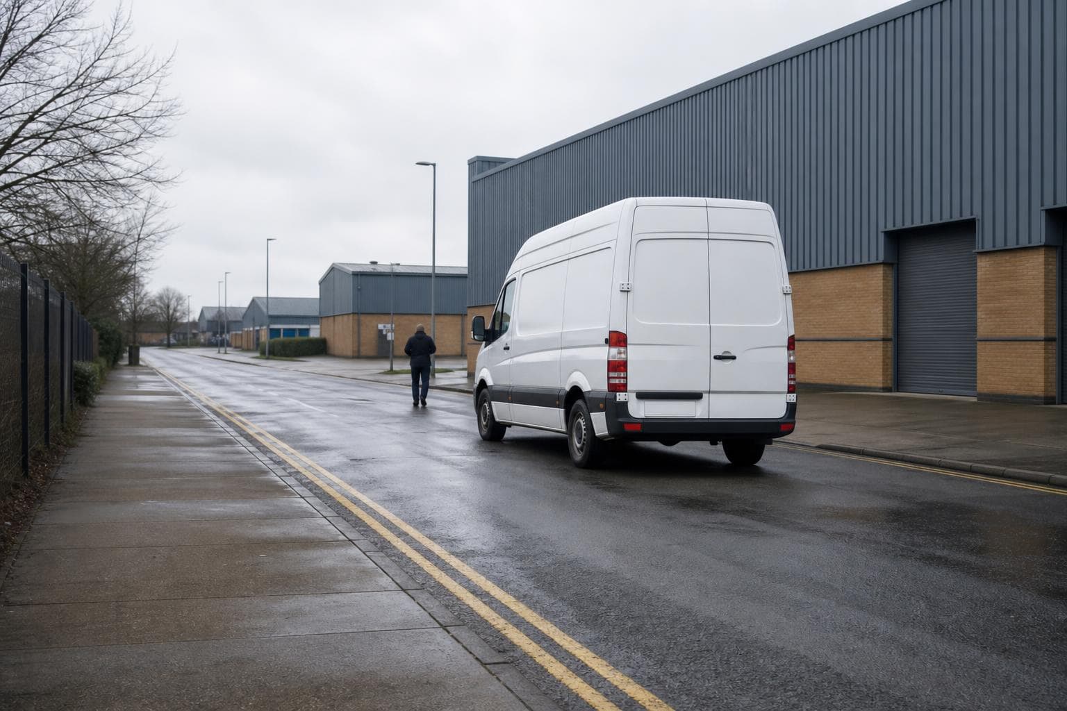 Plain courier van parked on a quiet industrial road in Erith