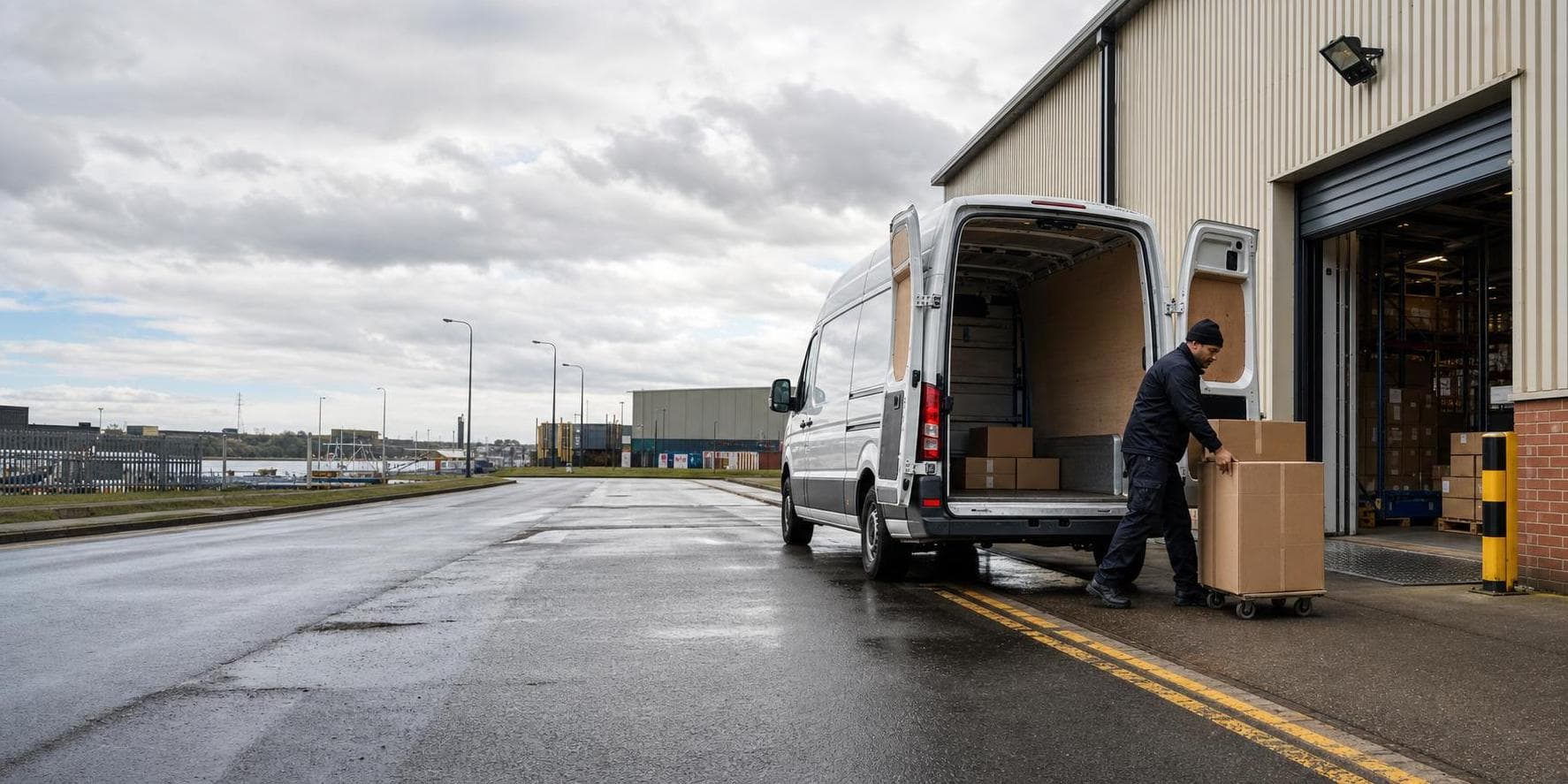 Courier collecting cartons beside a plain van at a business park in Erith