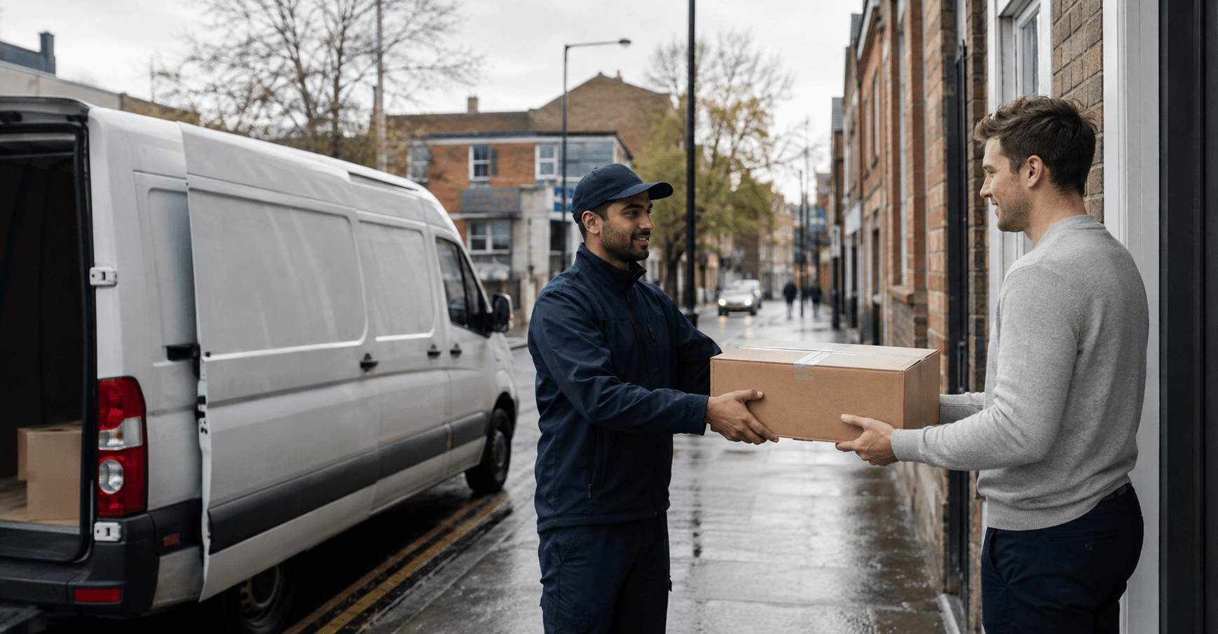 Unbranded courier vehicle ready to leave Forest Gate with independent retail stock, repair parts and office files secured for direct transport