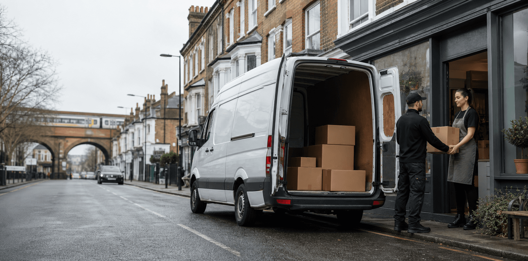Courier handling a prepared consignment in Forest Gate, with Victorian shopping streets, workshops and tightly packed housing forming the local backdrop
