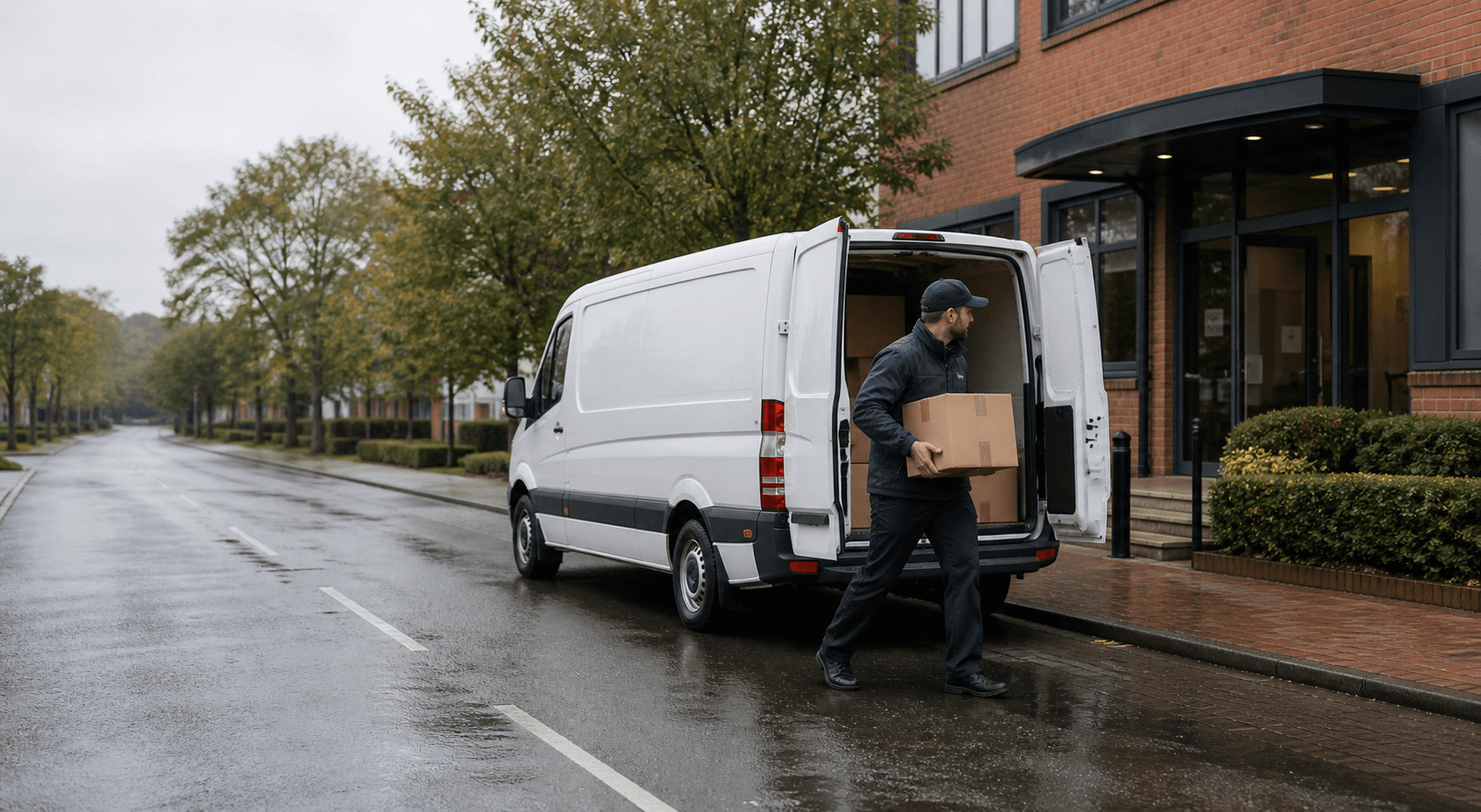 Courier handling a prepared consignment in Hornchurch, with suburban offices, clinics and established shopping streets forming the local backdrop