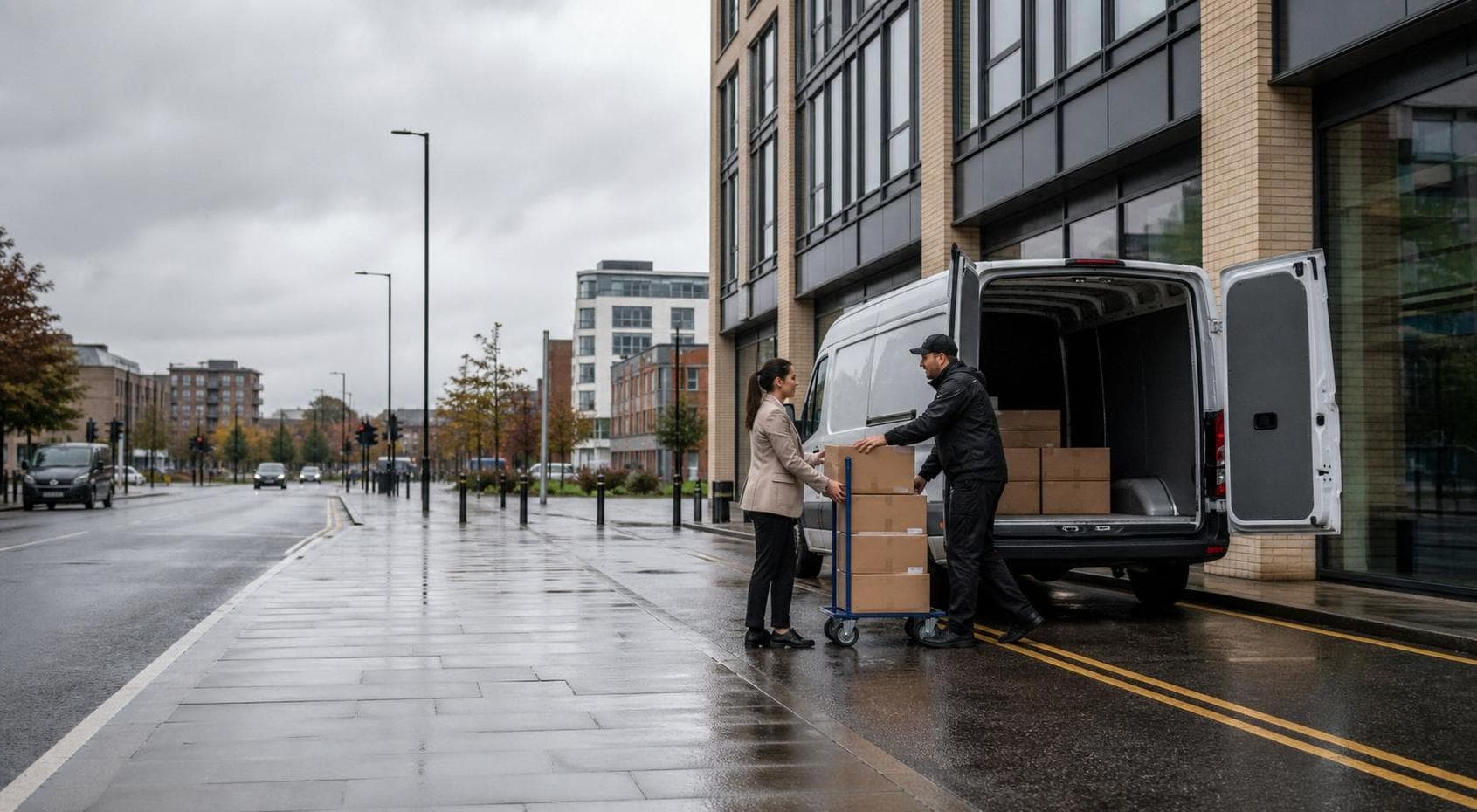 Courier collecting parcels outside an office building in Ilford beside a plain van
