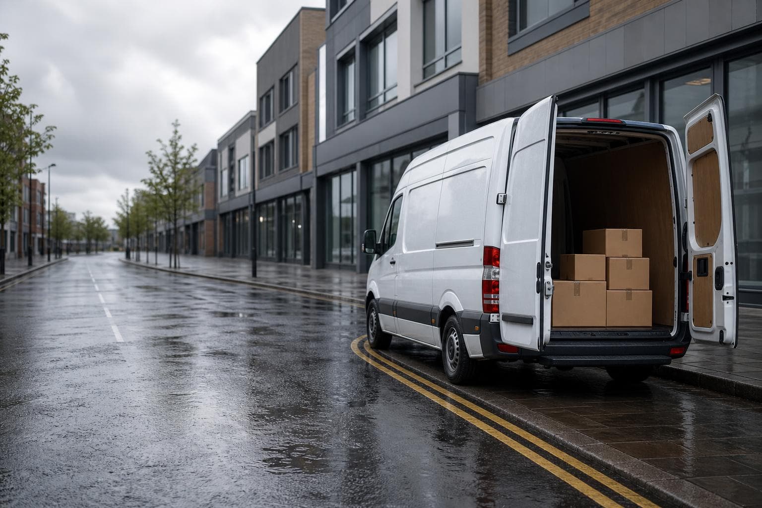 Plain courier van parked near shops and offices in Ilford with boxes ready for delivery