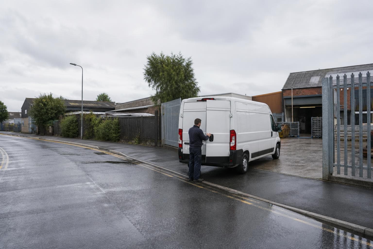 Courier closing the rear doors of a plain van outside a workshop yard in Rainham