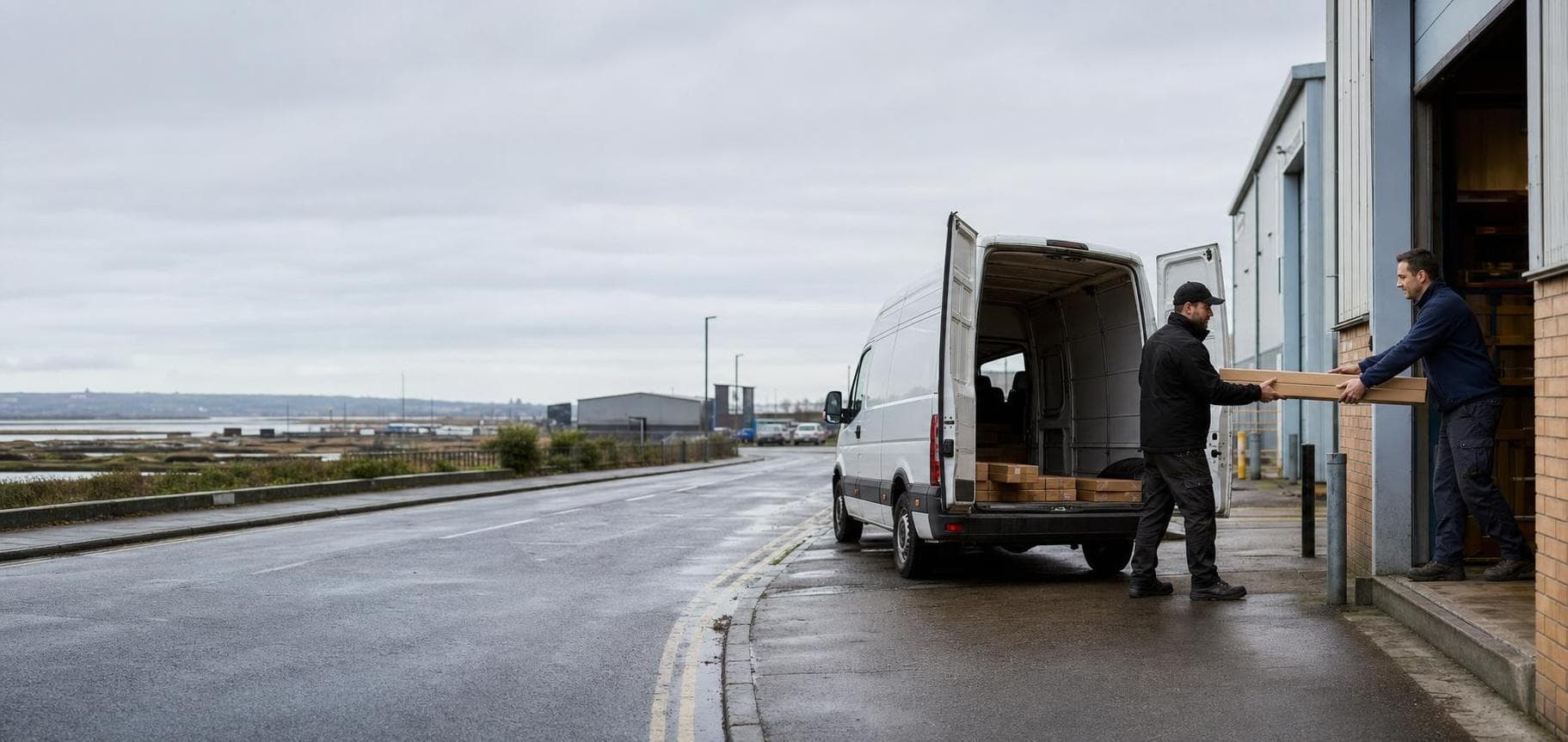Courier delivering boxed goods from a van at an industrial unit in Rainham
