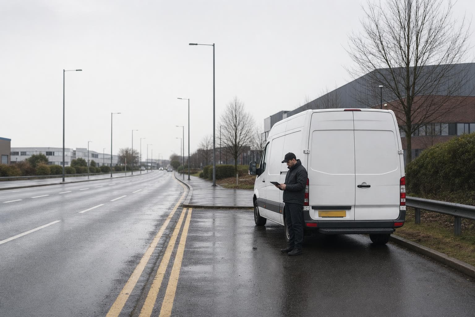Courier checking dispatch details beside a van on a commercial road in Romford