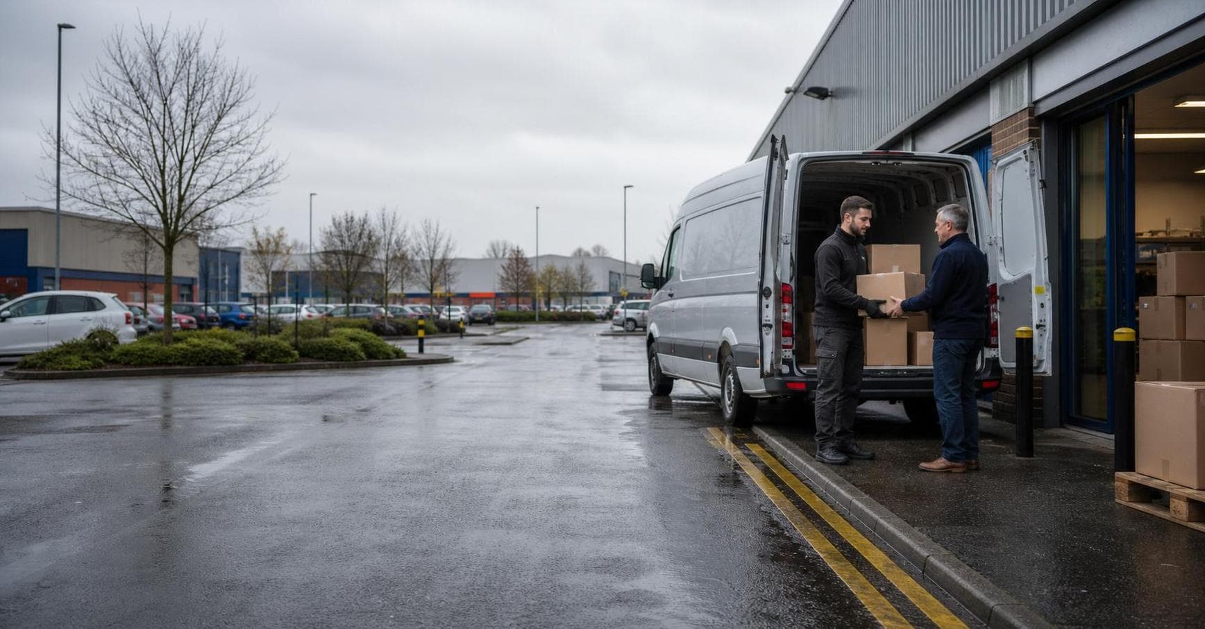 Courier unloading boxes from a van outside a trade unit in Romford