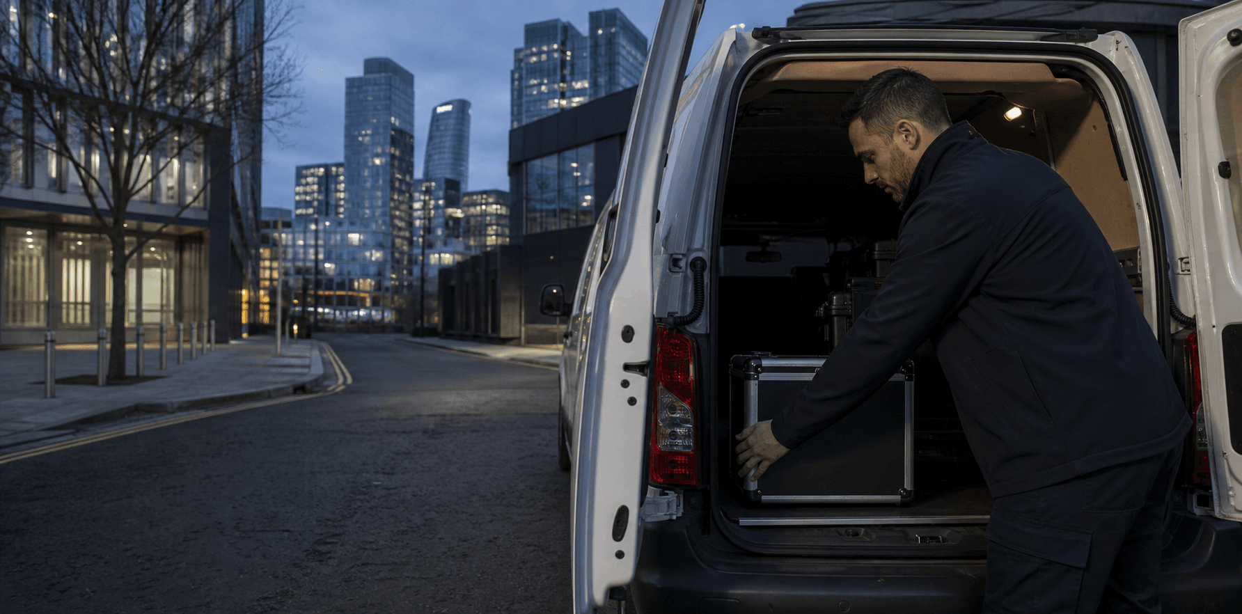 Unbranded courier vehicle ready to leave Stratford with corporate documents, technology equipment and event goods secured for direct transport