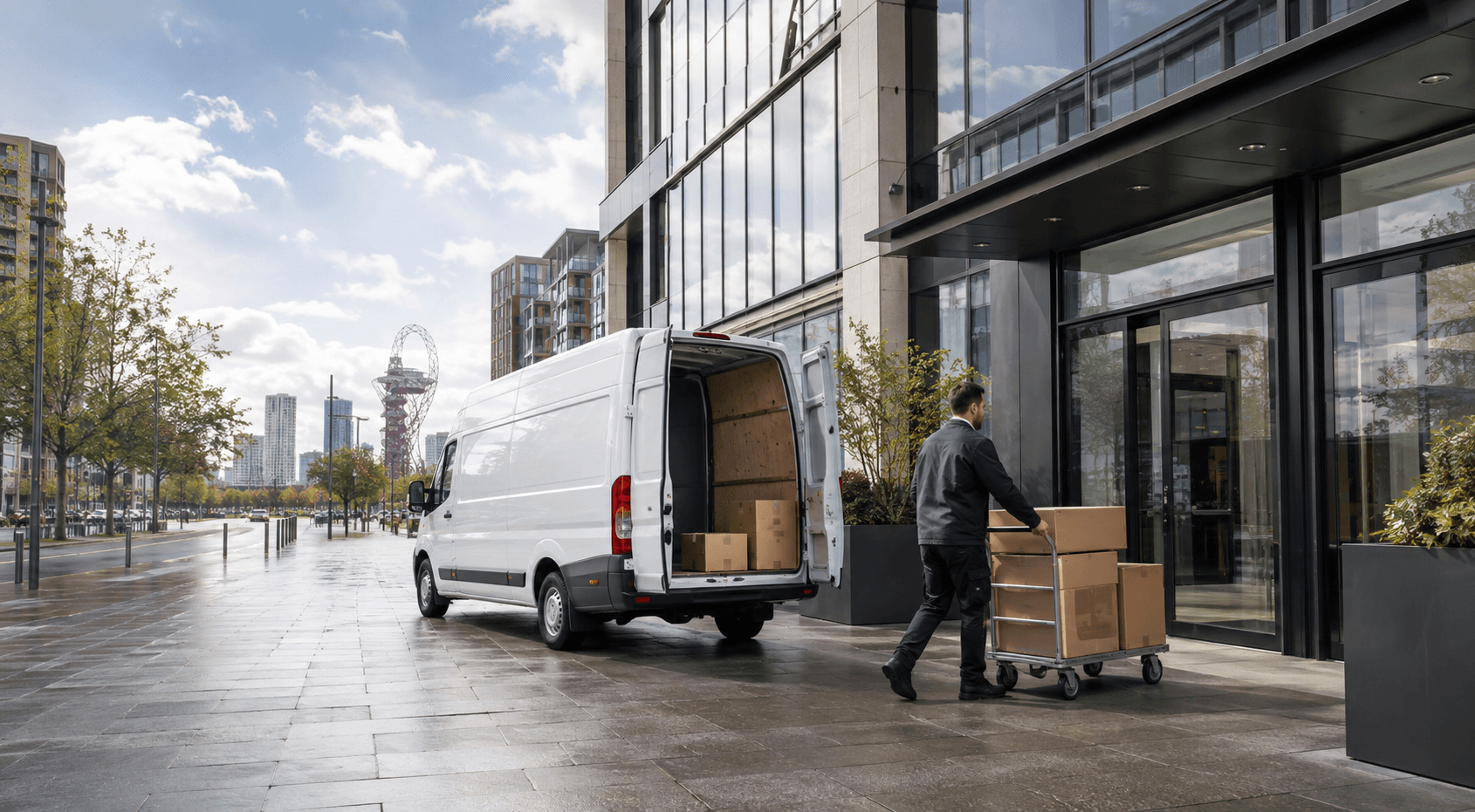 Courier handling a prepared consignment in Stratford, with major offices, retail centres and large managed developments forming the local backdrop