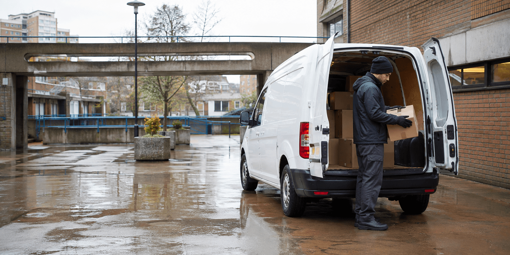 Unbranded courier vehicle ready to leave Thamesmead with construction items, housing-service supplies and boxed goods secured for direct transport