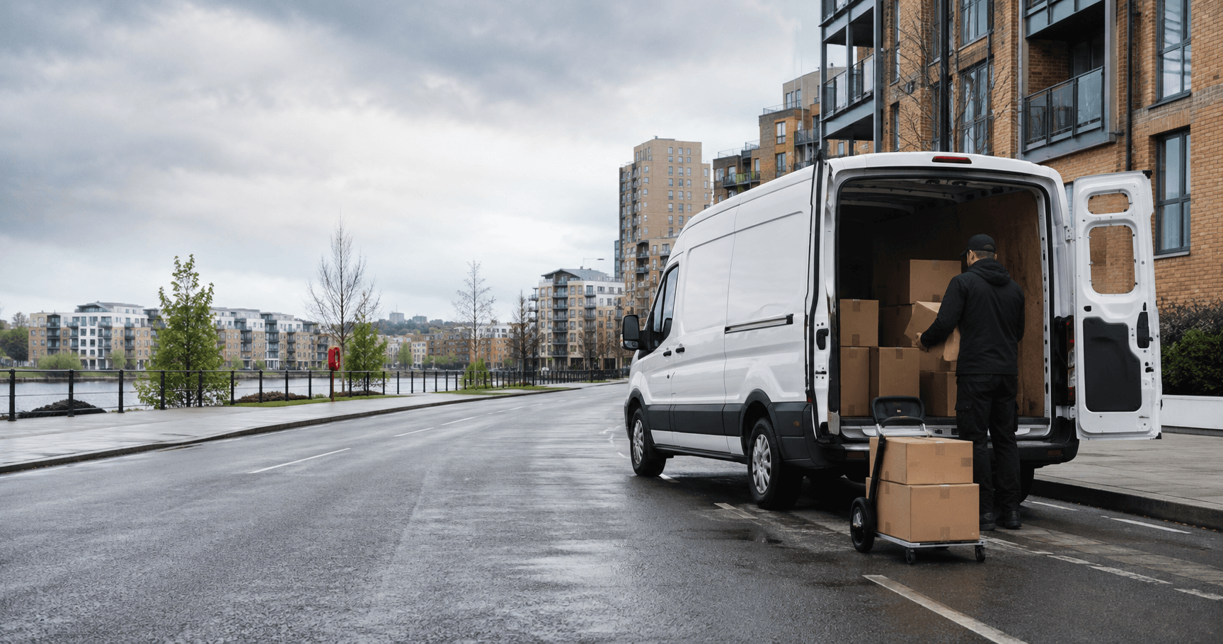 Courier handling a prepared consignment in Thamesmead, with broad waterside neighbourhoods, industrial pockets and modern estates forming the local backdrop