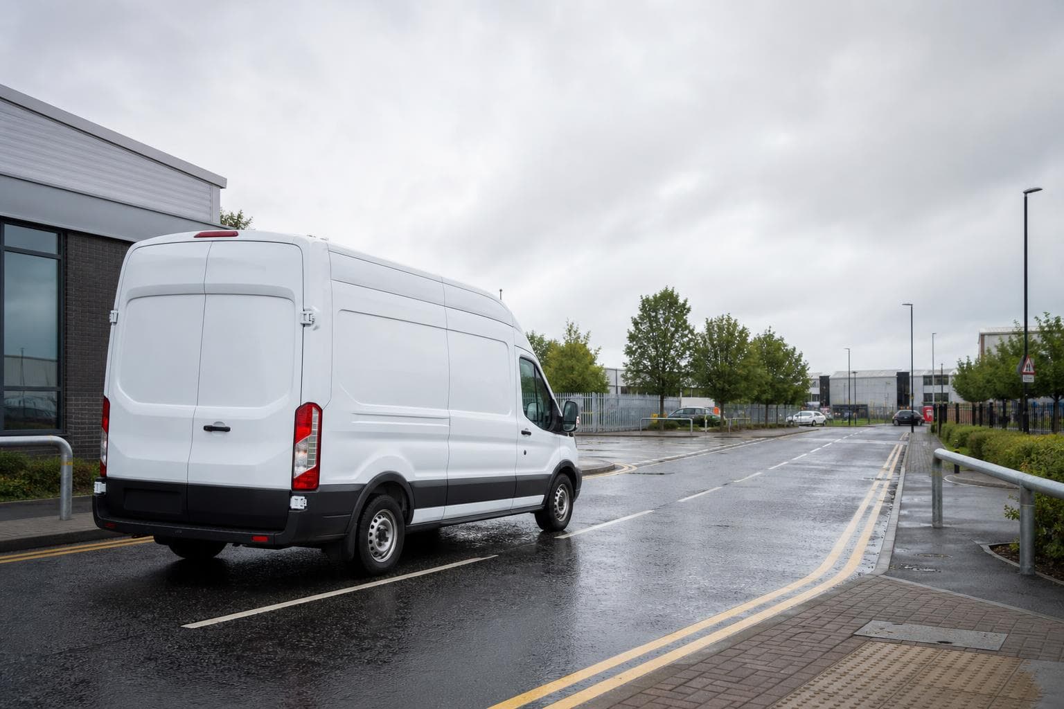 Courier handling a prepared consignment in Upminster, with outer-London professional premises and quiet residential streets forming the local backdrop