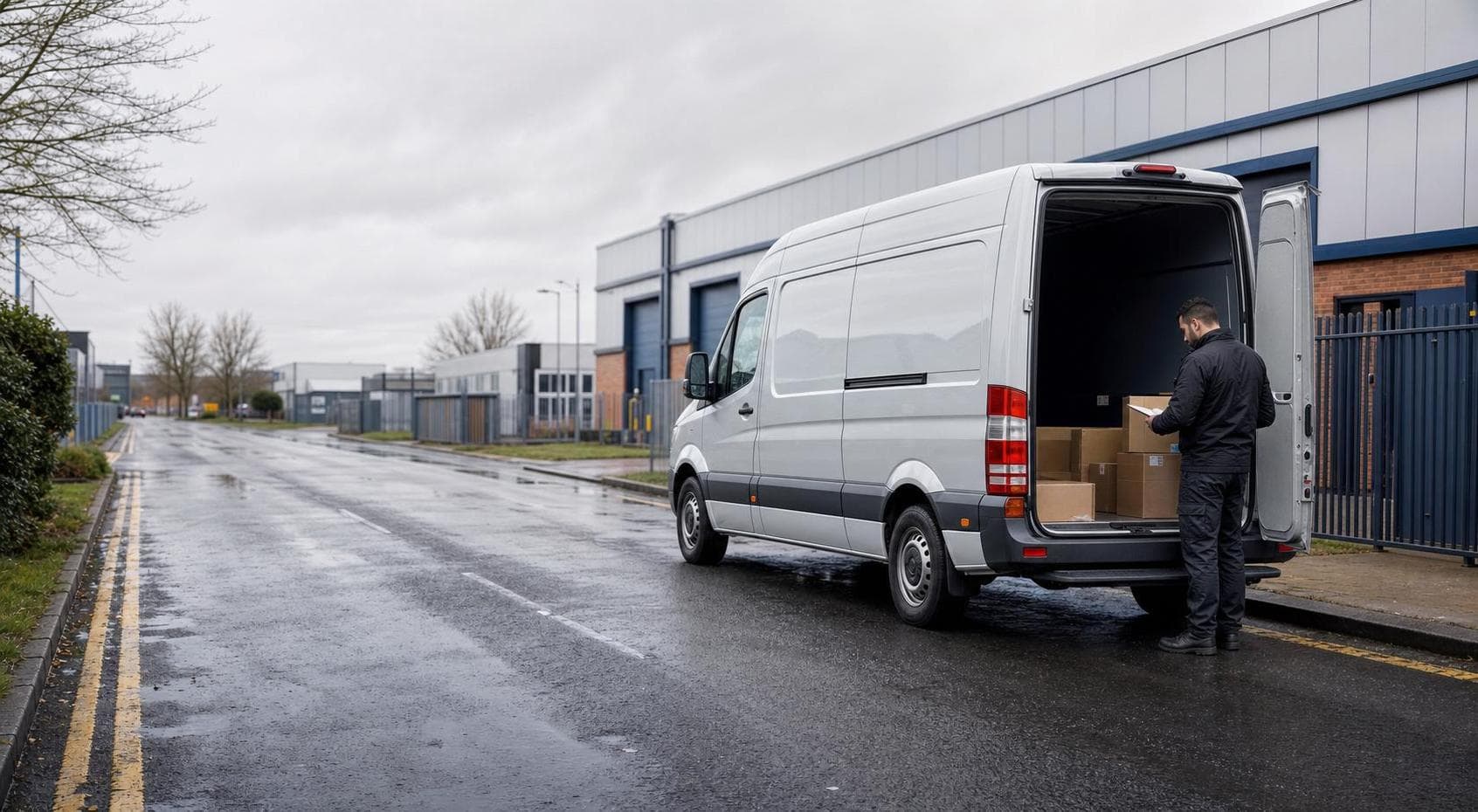 Courier van and driver handling parcels on a wet industrial estate road in Dagenham